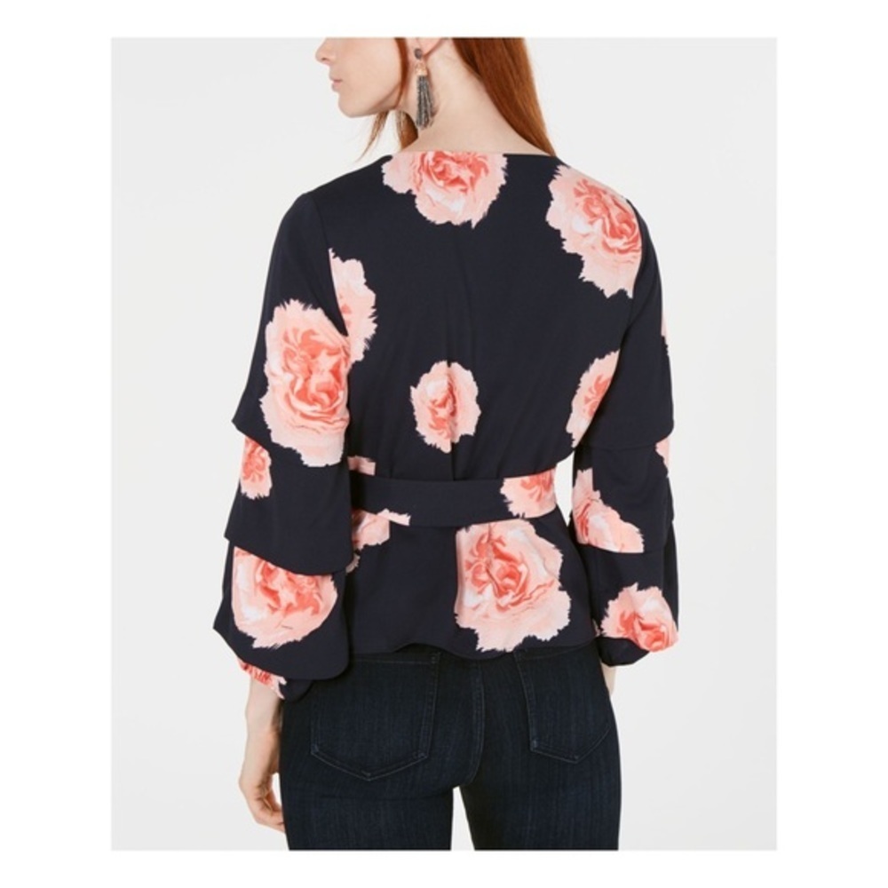 New Bar III Womens Floral Puff Sleeve Wrap Top - Picture 2 of 2